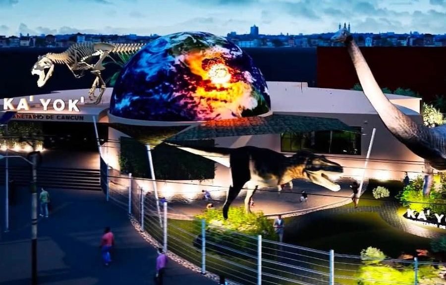 Artist rendering of the renovated Planetario Ka'Yok' in Cancun showing a dinosaur exhibit and modern dome