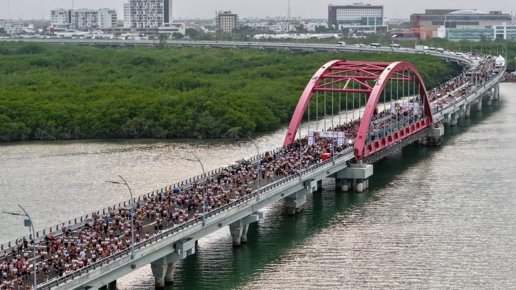 People walking and cycling on the Nichupté Bridge in Cancún during the PuenteAndo event