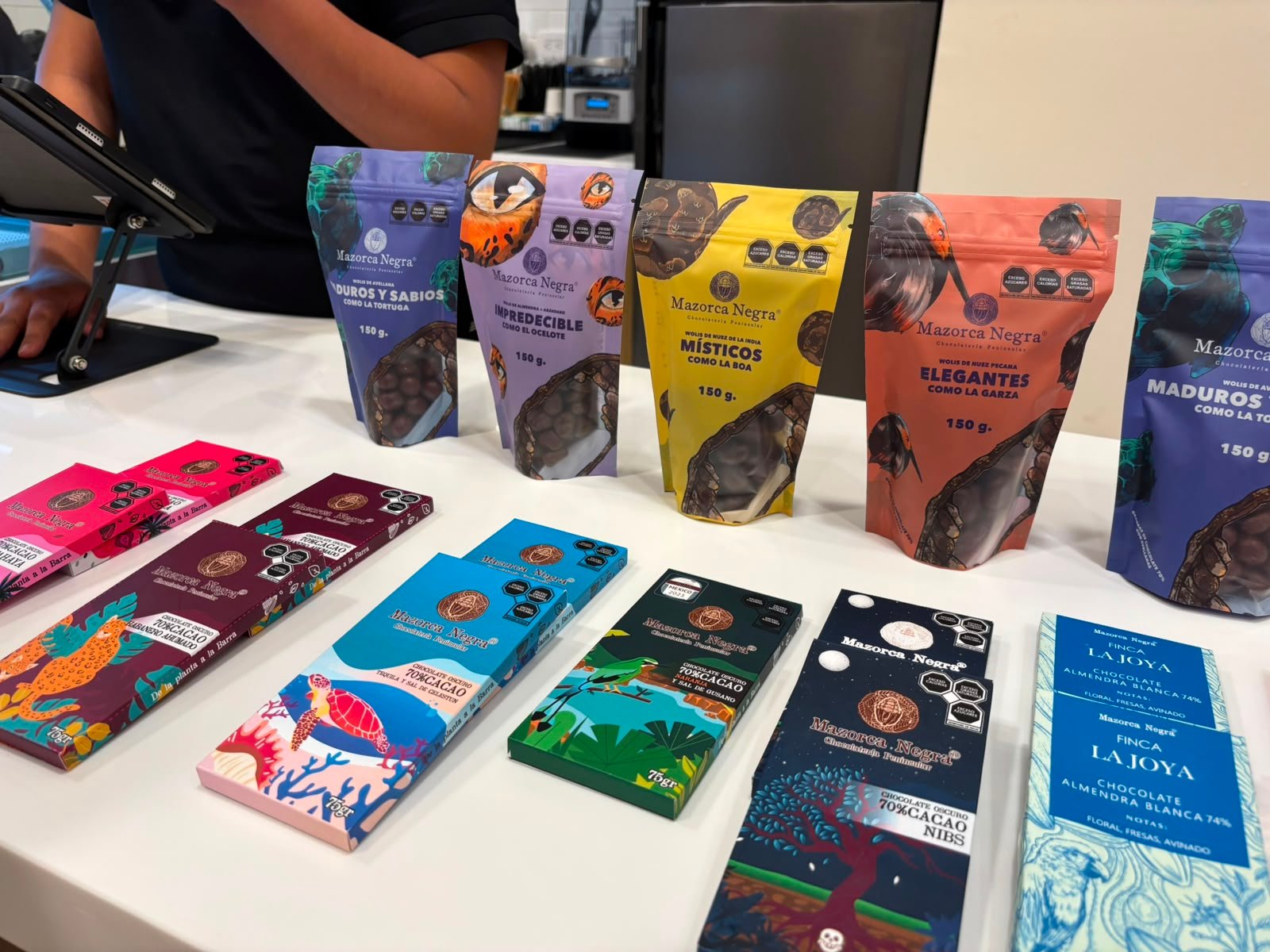 Assorted chocolate bars and cocoa beans from Quintana Roo