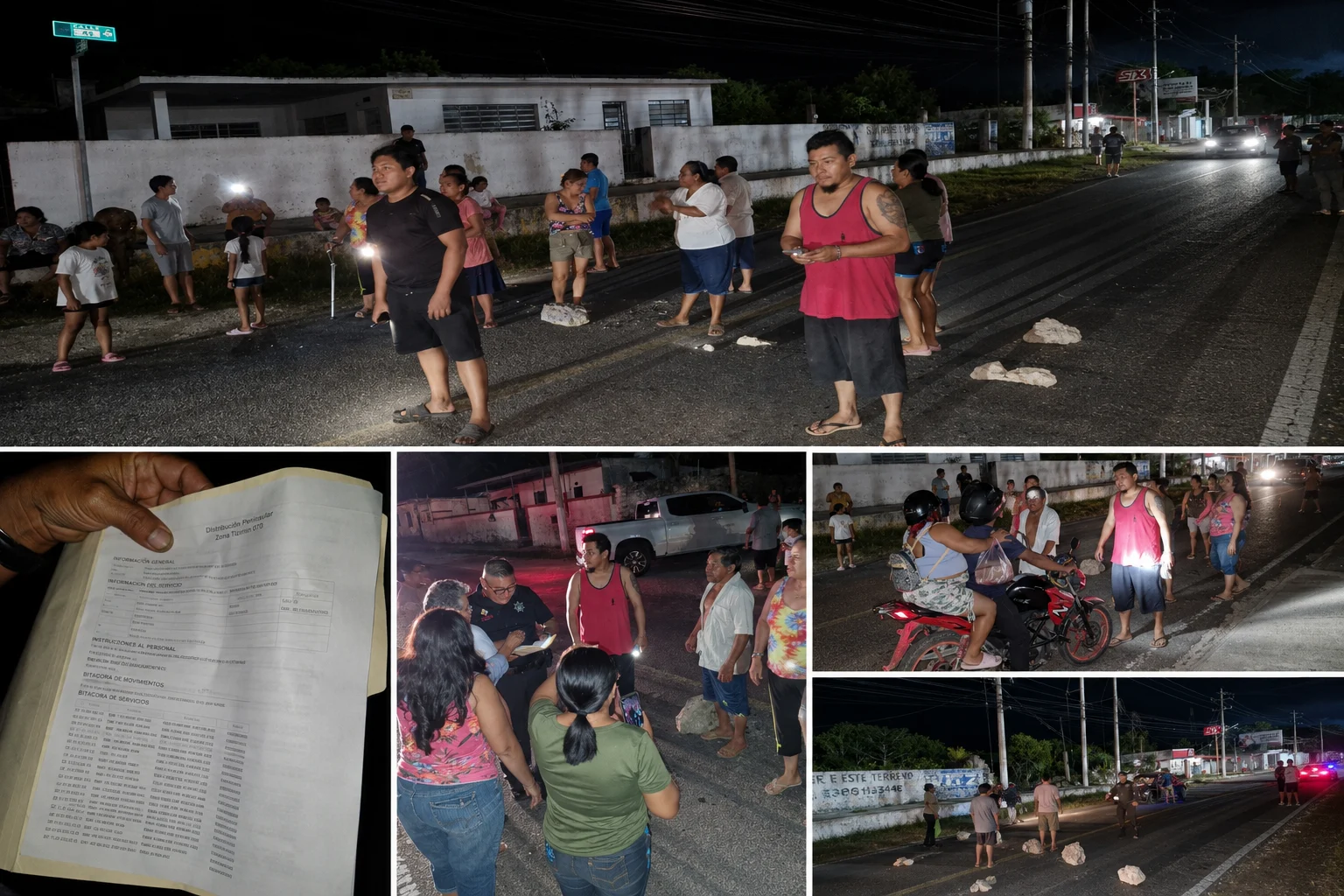 Residents of Adolfo Lopez Mateos neighborhood block Calle 48 with stones and vehicles to protest prolonged power outages in Tizimin, Yucatan.