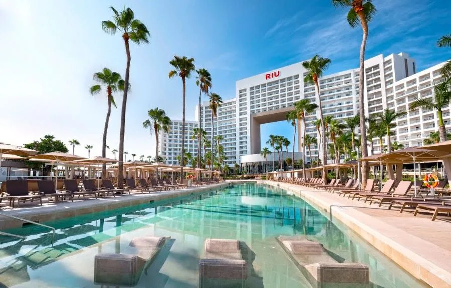 Exterior view of the renovated Riu Palace Peninsula hotel in Cancun's Hotel Zone