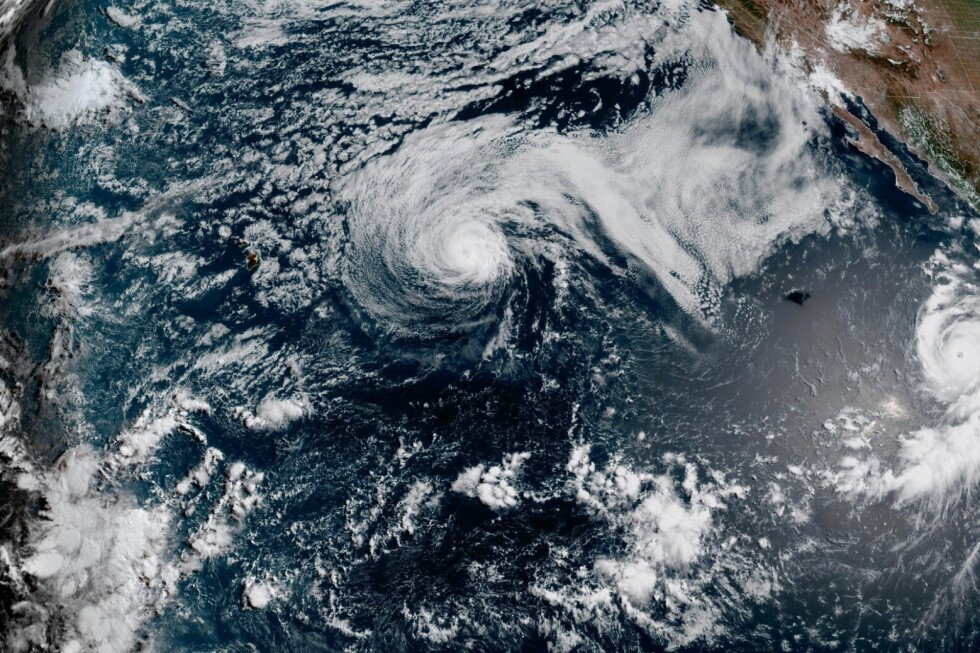 Satellite image showing Hurricane Genevieve and Hurricane Fausto on July 26, 2026, in the Pacific Ocean off Mexico's southwest coast