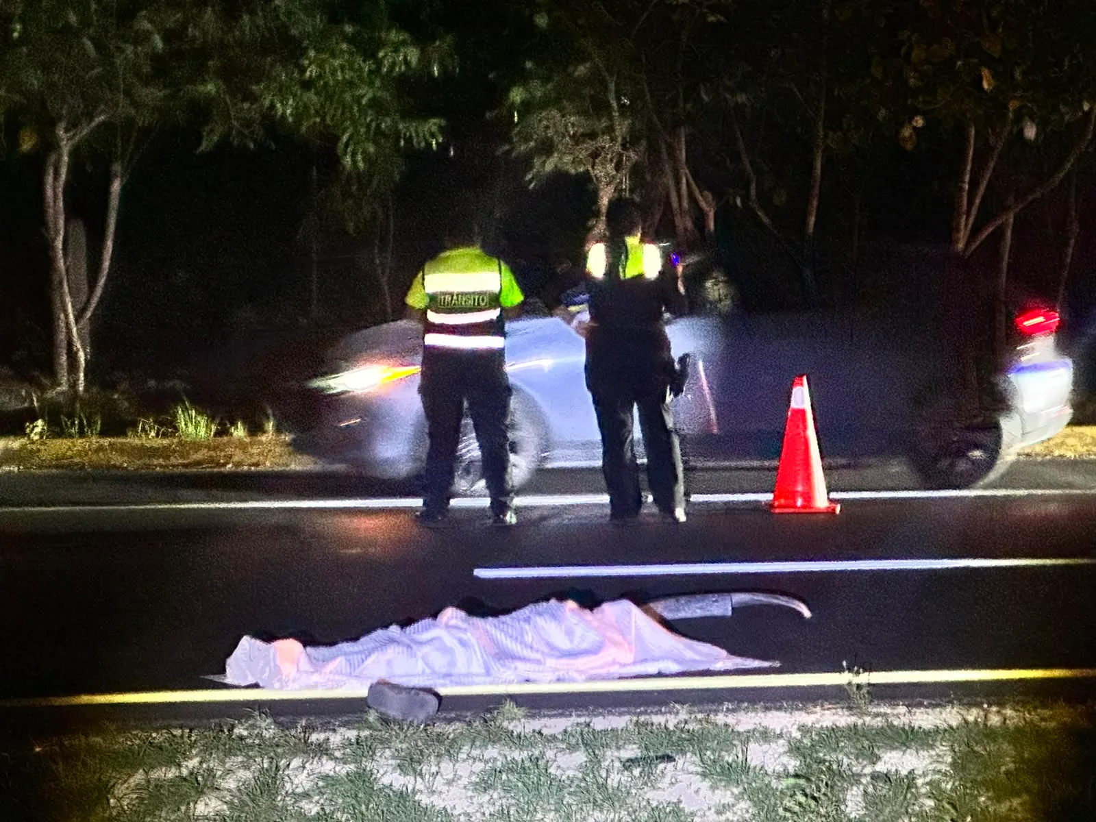 Police and emergency vehicles at the scene of a fatal pedestrian accident on Federal Highway 307 in Playa del Carmen