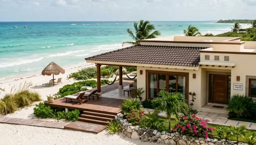 A beach house in Yucatan with a 'For Rent' sign, illustrating vacation rental scams