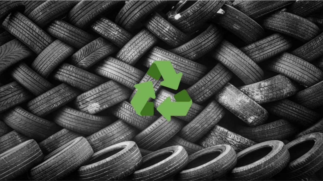 A pile of used tires at a recycling center in Playa del Carmen