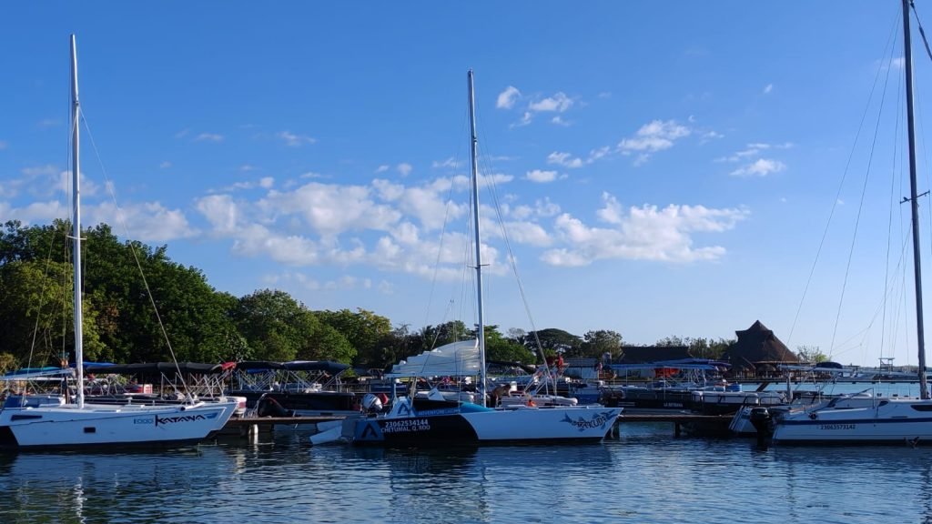 Tourist boats docked on the Bacalar lagoon in Quintana Roo, Mexico