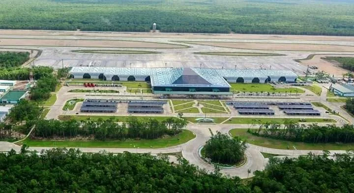 Aerial view of Tulum International Airport terminal and runway
