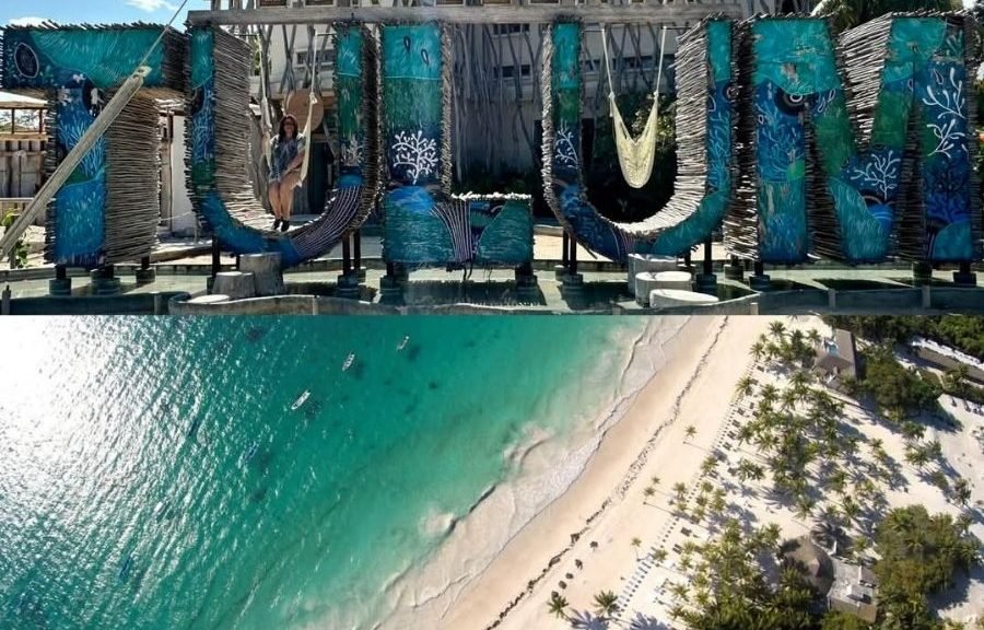 Aerial view of Tulum beach with turquoise water and white sand