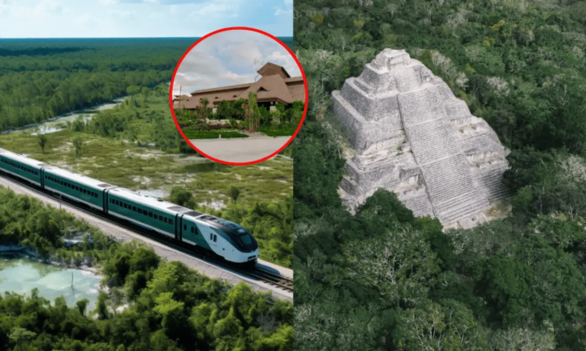 Aerial view of the Calakmul Biosphere Reserve in Campeche, Mexico, with the Maya Train tracks visible in the distance.