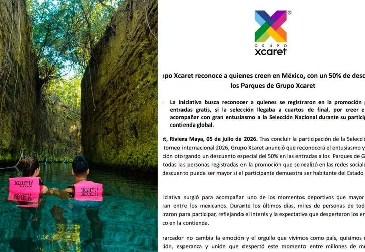 Entrance to Xcaret park in Riviera Maya with promotional signage for World Cup discount