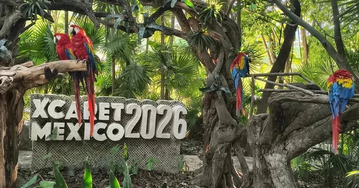 Entrance to Xcaret park in Quintana Roo, Mexico, with promotional signage for World Cup 2026 free tickets