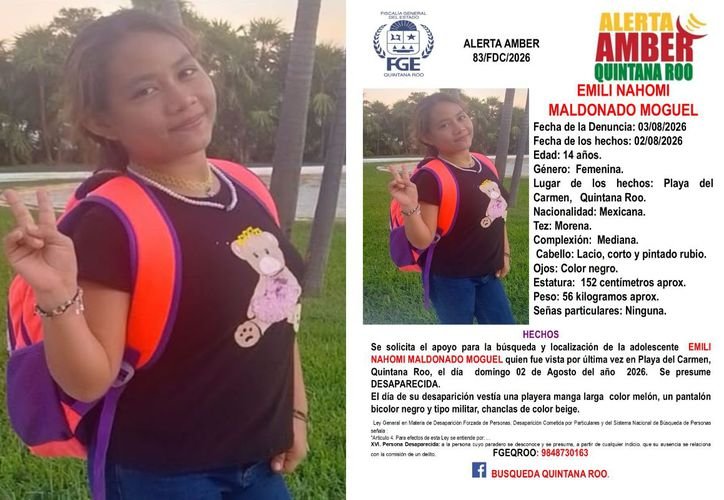 Amber Alert poster for missing teenager Emili Nahomi Maldonado Moguel in Playa del Carmen