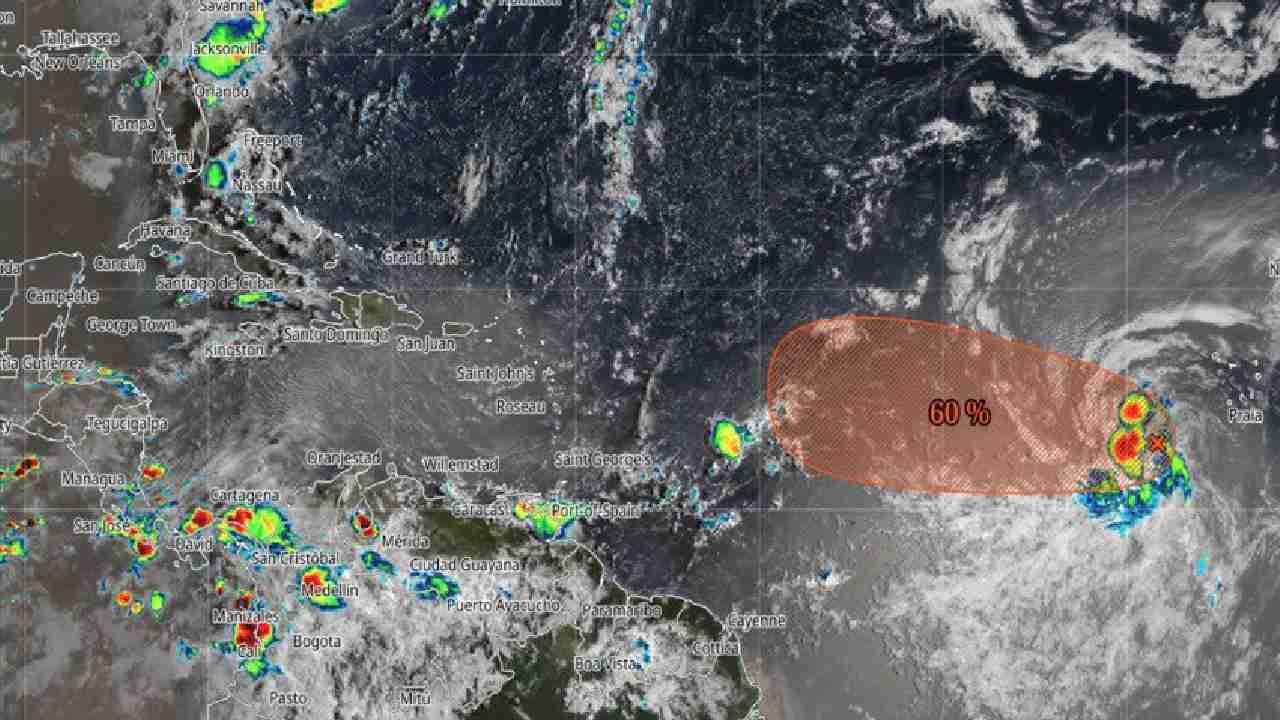 Satellite image showing a low-pressure system in the Atlantic Ocean near the Cape Verde Islands.