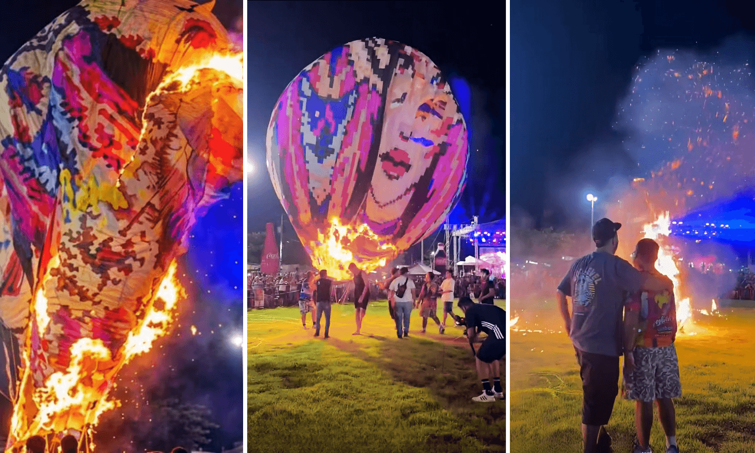 A large decorative balloon depicting a Mayan goddess, a jaguar, and the pyramid of Chichen Itza burns after catching fire at the Tahmek Balloon Festival in Yucatan.