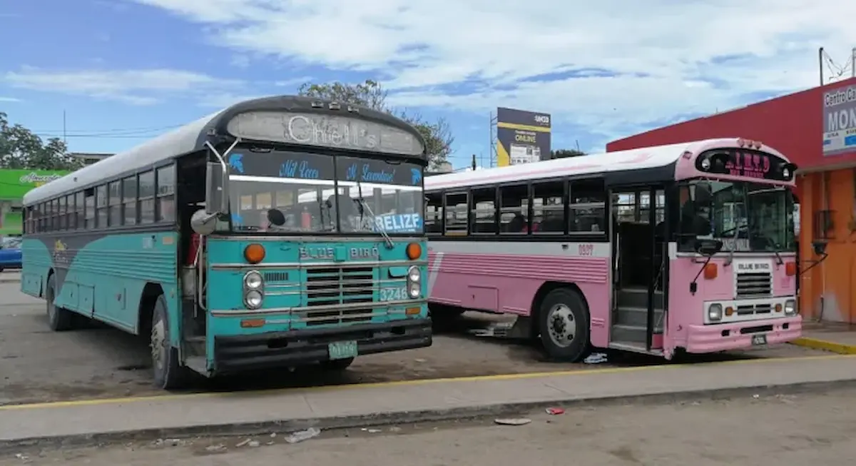 Belizean cross-border bus at the border crossing between Belize and Mexico near Chetumal.