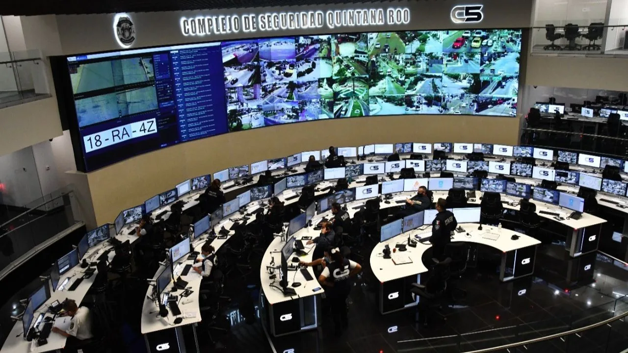 Operators monitor surveillance screens at the C5 command center in Quintana Roo, Mexico.