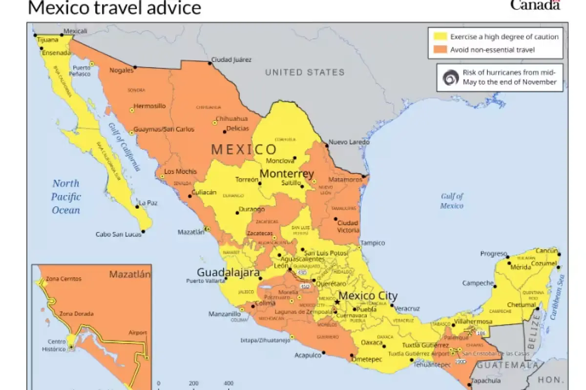 Screenshot of the Canadian government's travel advisory for Mexico on its official travel website