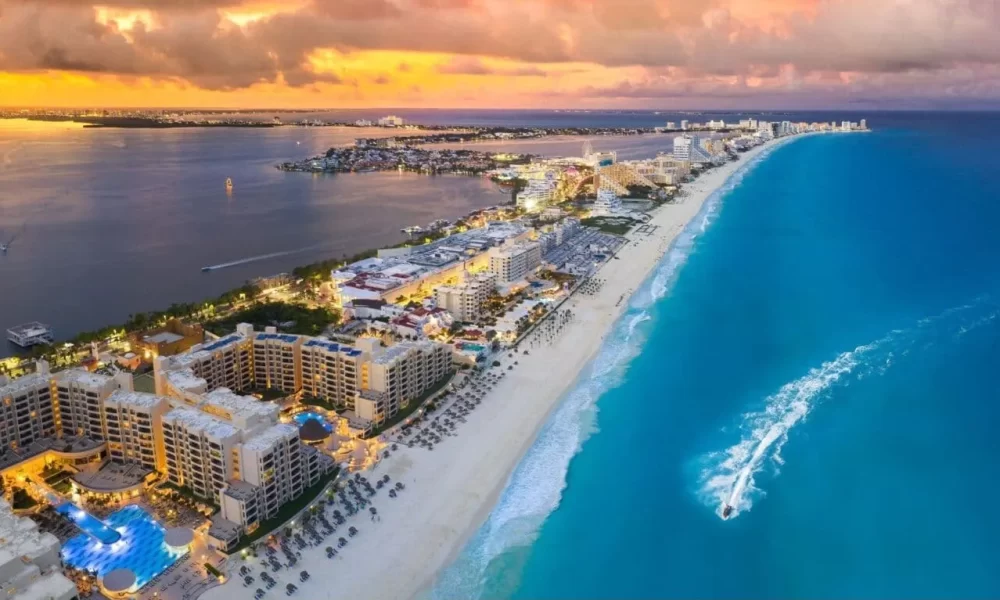 Aerial view of the Cancún Hotel Zone with resorts along the Caribbean coast