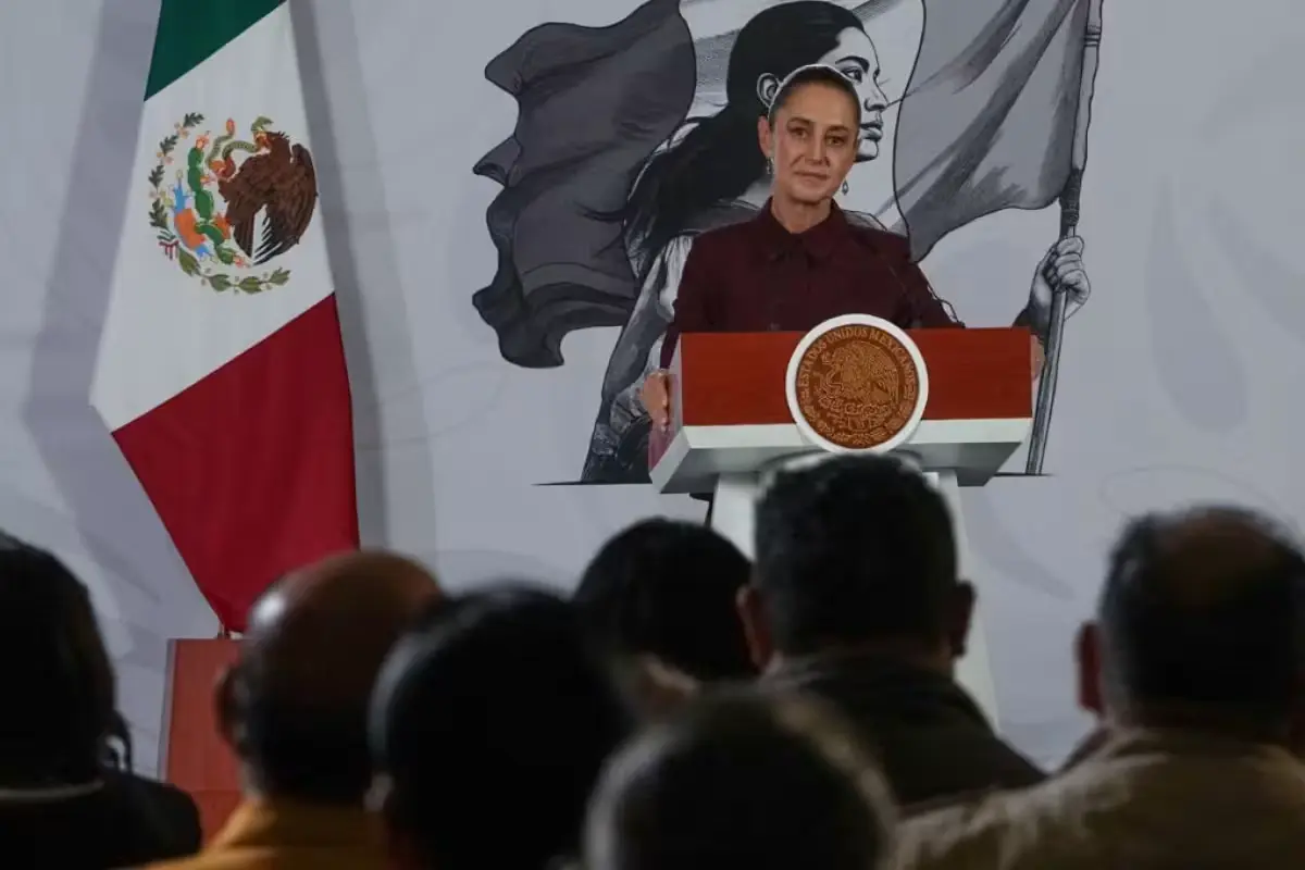 President Claudia Sheinbaum speaks during a morning press conference at the National Palace in Mexico City.