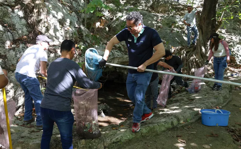 Volunteers participating in a clean-up activity near a water source, collecting debris with nets and trash bags in a wooded area.$#$ CAPTION
