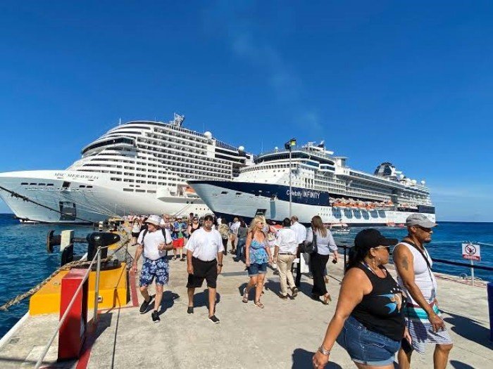 Aerial view of Cozumel cruise port with docked cruise ships