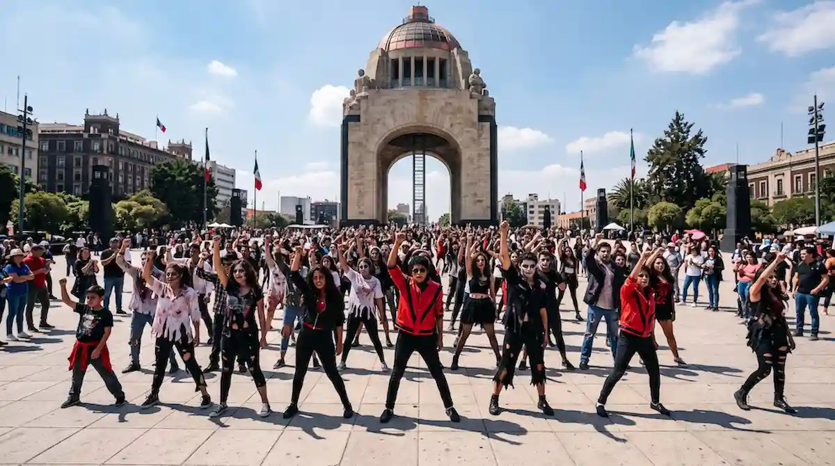 Fans dressed as Michael Jackson perform the Thriller dance at the Monument to the Revolution in Mexico City.