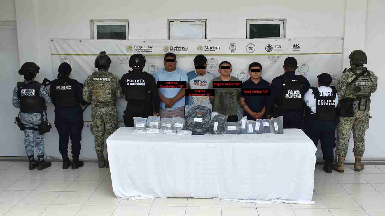 Seized drugs and tactical equipment from a drug bust in Bacalar, Quintana Roo.