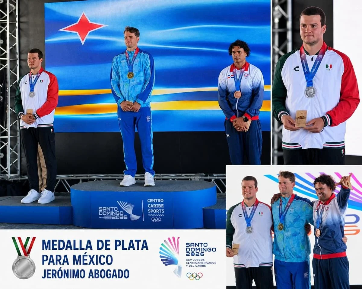 Jerónimo Abogado with his silver medal in windsurfing at the Santo Domingo 2026 Central American and Caribbean Games