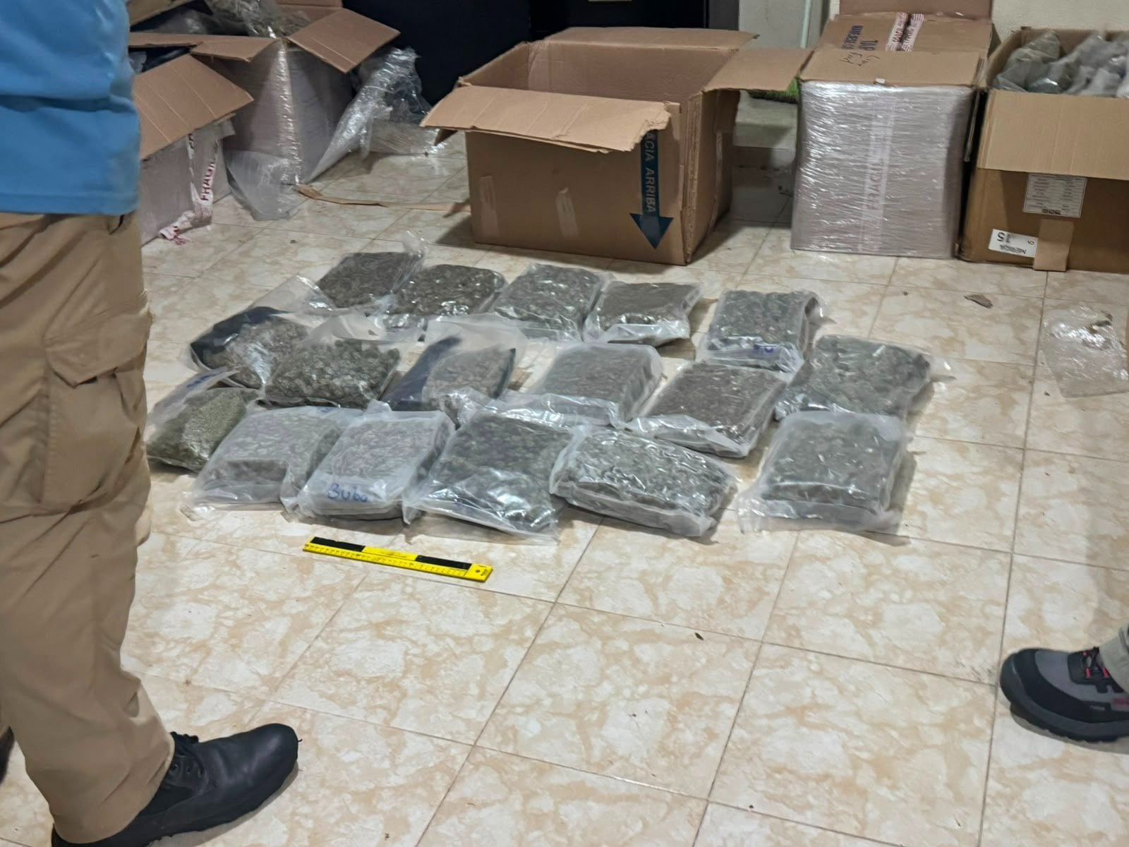 Mexican Navy officers with seized packages of marijuana during operations in Merida, Yucatan.