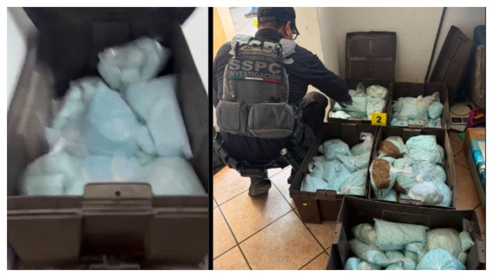 Mexican security officials display boxes of seized fentanyl pills in Mexicali, Baja California