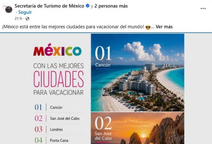 AI-generated image of a beach posted by Mexico's Tourism Secretariat that does not match Cancún