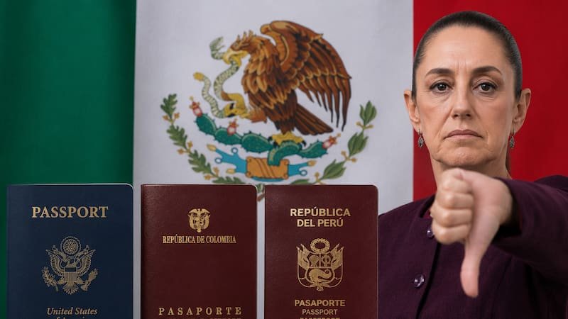 Foreign travelers at passport control in a Mexico City airport