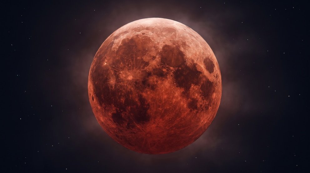 A partial lunar eclipse gives the moon a deep reddish hue as seen from Mexico on August 27, 2026.