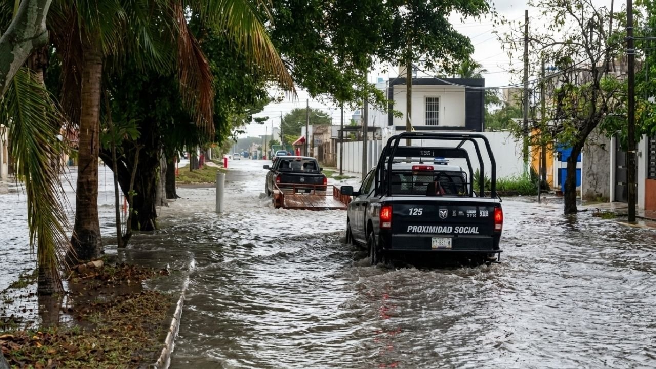 Stagnant floodwater in a residential area of Quintana Roo after heavy rains, highlighting health risks from waterborne diseases.