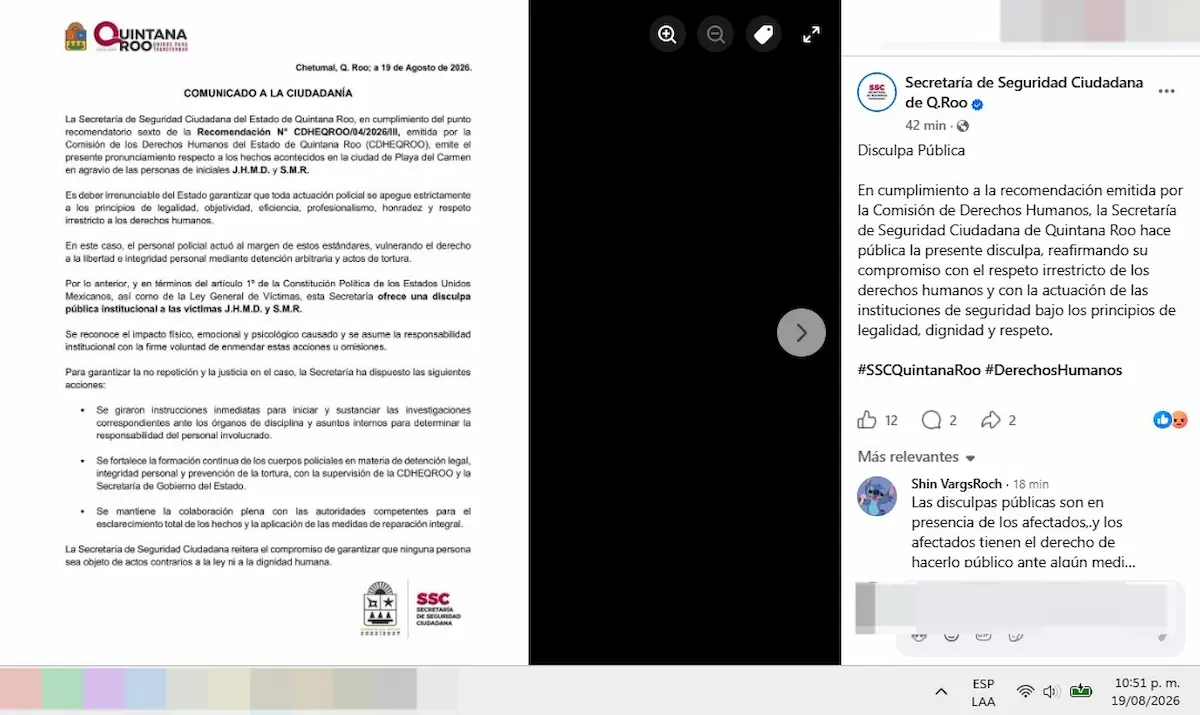 Late-night apology statement by the Quintana Roo Public Security Department regarding police detention and torture in Playa del Carmen