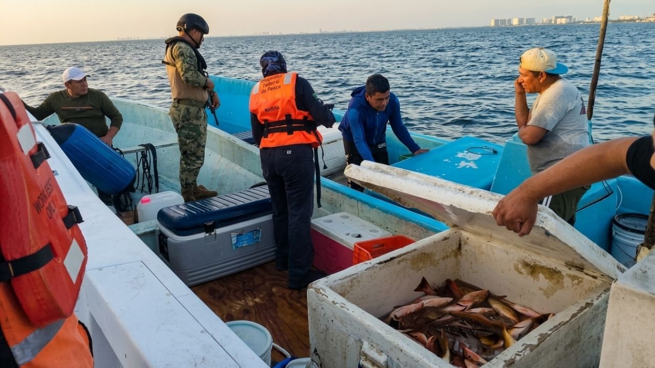 Mexican Navy and Conapesca inspectors review seized fish and boats at Puerto Juárez
