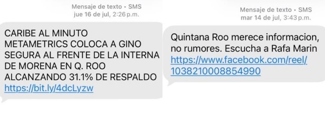 A smartphone showing unsolicited political text messages in Quintana Roo