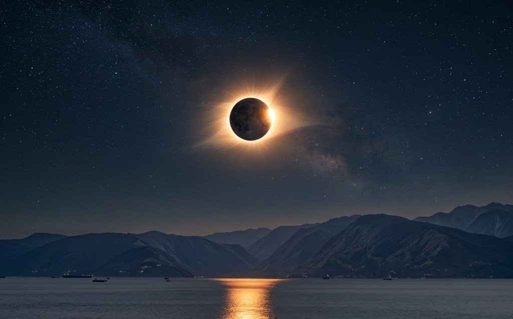 A total solar eclipse shows the Sun's corona as a faint halo around the Moon's disk.