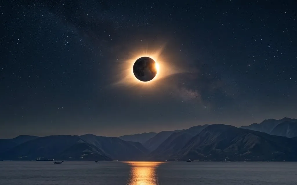 A total solar eclipse shows the Sun's corona as a faint halo around the Moon's disk.