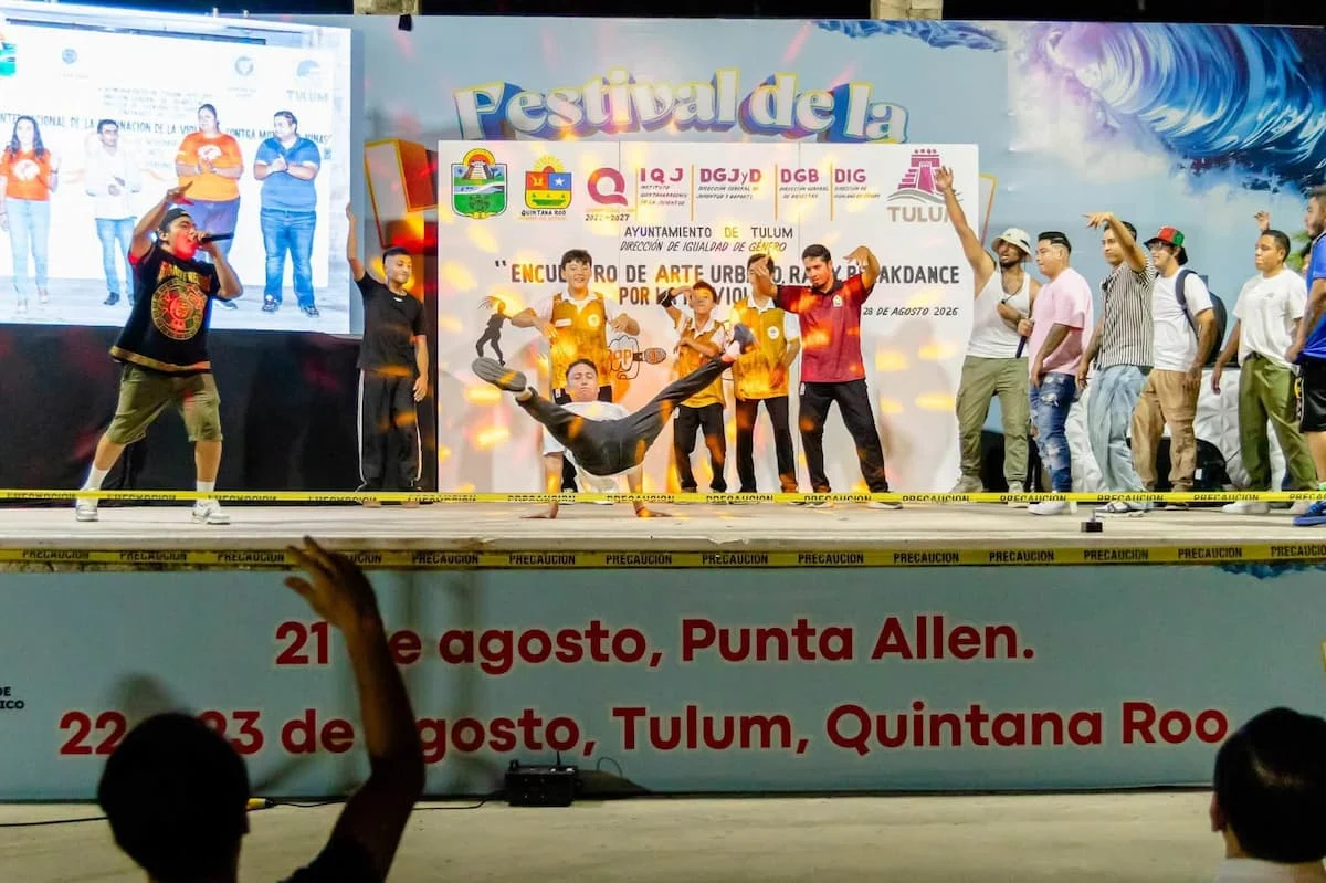 Young performers show off breakdance and rap moves during an urban art event in Tulum, Mexico.