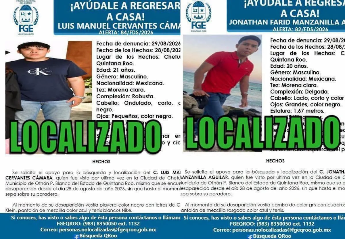 Two of three young men reported kidnapped in Chetumal were found alive after a search operation.