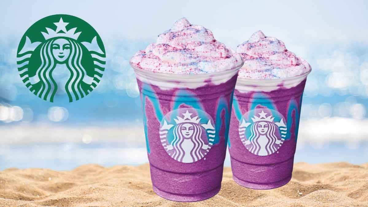 Illustration of a Unicorn Frappuccino with pink and blue toppings and whipped cream