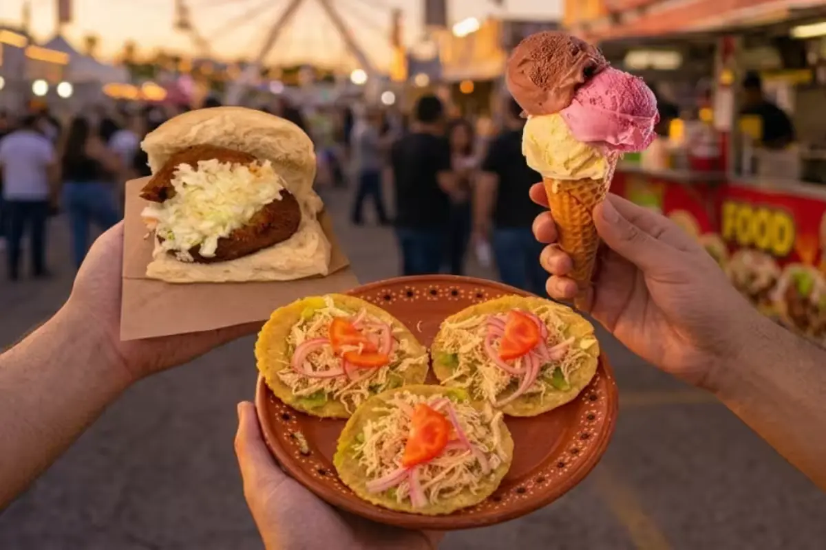 Traditional Yucatecan dishes at a food festival, including ice cream, salbutes and tortas de kibi