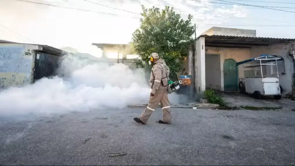 Workers fumigate for dengue mosquitoes in a Yucatan neighborhood during the rainy season.