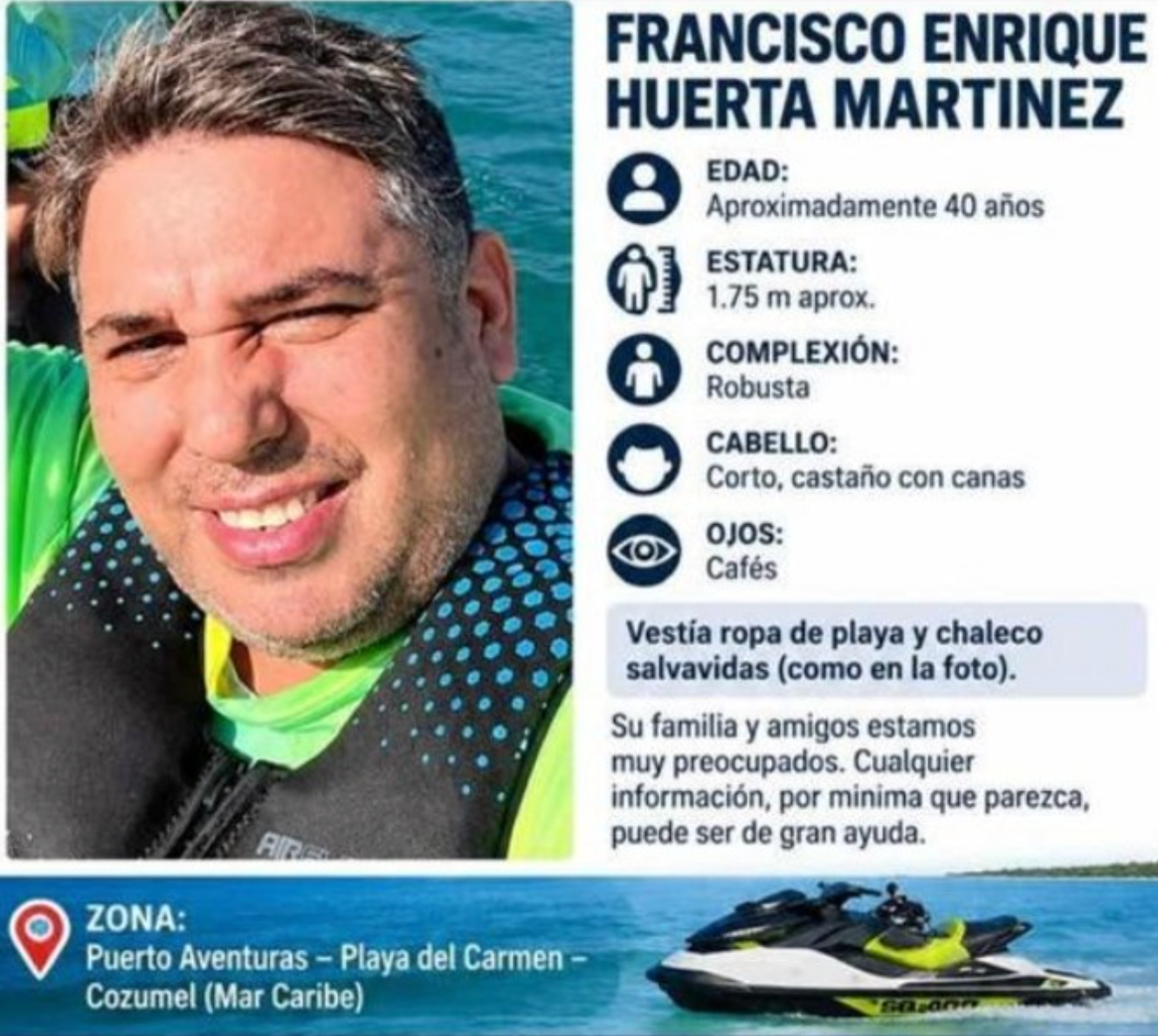 Francisco Enrique Huerta lost at sea between Puerto Aventuras and Cozumel