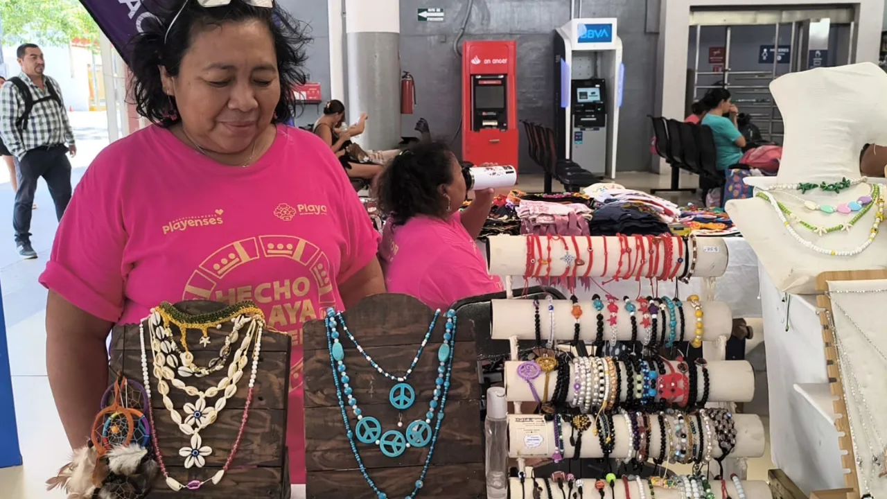 Artisans selling handmade crafts at the ADO bus terminal in Playa del Carmen during the three-day artisan fair