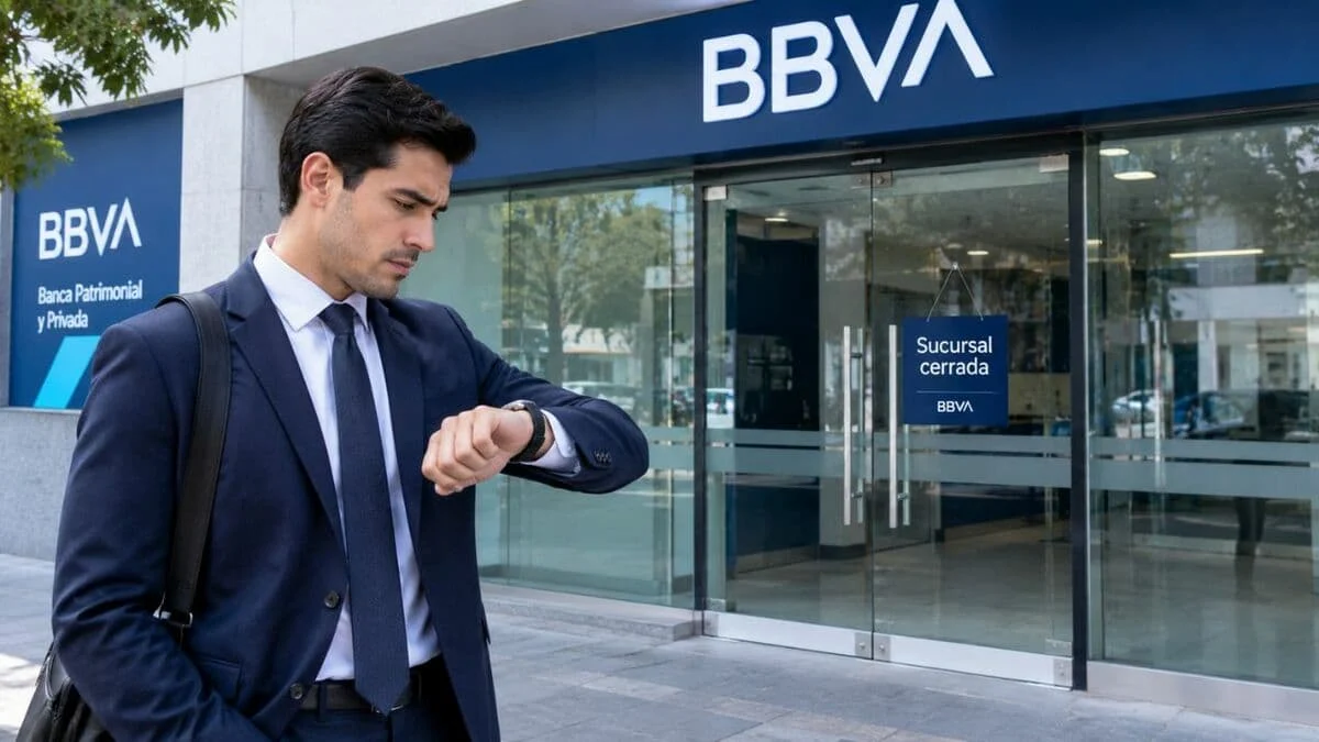 Exterior of a BBVA México bank branch with customers walking past the entrance