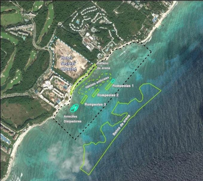 Rock breakwaters built along the shoreline near the Secrets Moxché hotel north of Playa del Carmen, Quintana Roo