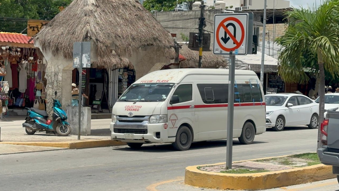 A busy main avenue in Tulum, Quintana Roo, where bus stop locations have been changed