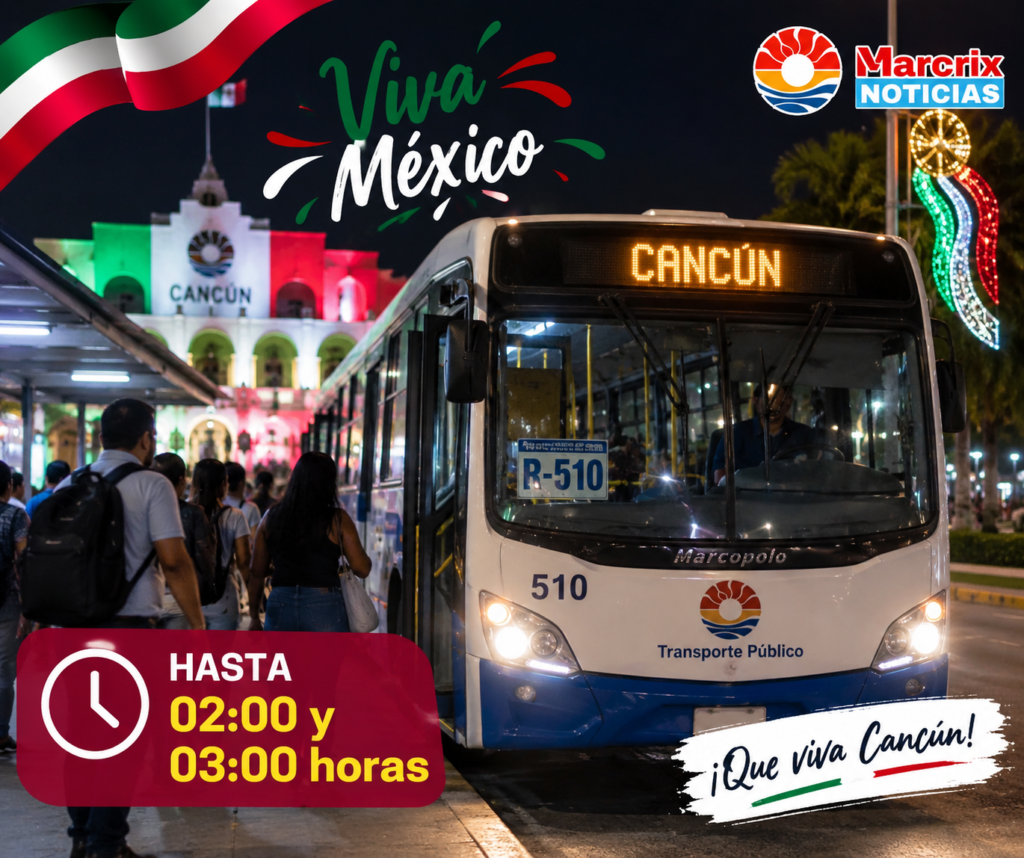 Public buses lined up at a transit stop in Cancún, Quintana Roo, where routes will run extended hours for Independence Day celebrations